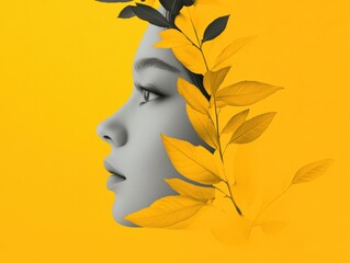 Wall Mural - profile of a woman with yellow leaves