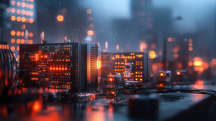 Wall Mural - Futuristic network infrastructure with glowing circuits and cityscape ambiance. vibrant lights create captivating technological atmosphere