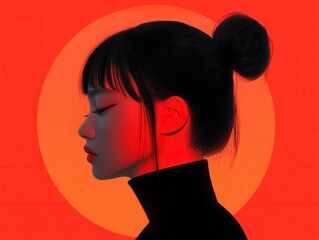 Wall Mural - illustration of a woman with a bun on a red background