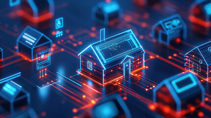 Wall Mural - Digital smart home network with glowing houses and connected infrastructure, showcasing IoT technology and seamless connectivity