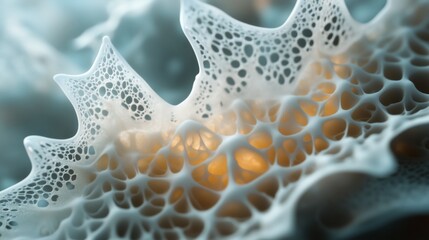 Abstract macro of organic mesh structure with glowing orange light, futuristic and artistic look.


