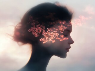 Wall Mural - a dreamlike portrait of a woman in profile with floral overlay