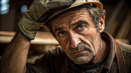 Poster - A closeup features a weathered face etched with lines eyes sparkling with determination as the carpenter wipes sweat from his brow illustrating the hard work and passion invested