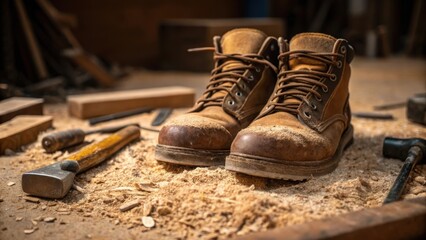 Poster - A closeup image of worn work boots half sunk in sawdust and tools tered around portraying the workshop setting where the shipbuilder brings ideas to life with every stroke of his
