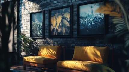 Living room with yellow sofas and vibrant artwork