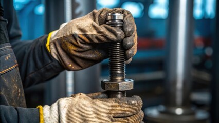 Poster - A closeup of a gloved hand applying torque to a bolt oil and dirt smudging the onceclean fabric with reflections of machinery blurred in the background symbolizing the handson