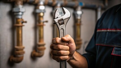 Poster - A closeup of a plumbers calloused fingers gripping a wrench emphasizing the tools metallic surface that reflects ambient light against a backdrop of tered plumbing fittings.