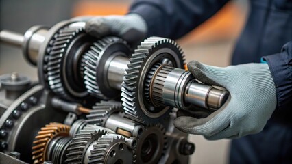 Aufkleber - A closeup of a mechanics hands gloved and pivoting a complex assembly of gears showcasing intricate machinery components and the precision required for effective repairs.