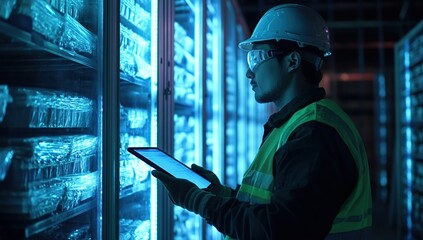 Poster - Technician Inspects Server Racks with Tablet, Ensuring Optimal Data Center Performance at Night