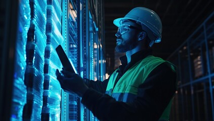 Poster - Technician Inspects Server Racks with Tablet, Ensuring Optimal Performance in Data Center at Night