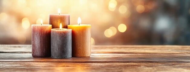 Poster - Warm and Cozy Candles on Wooden Table with Soft Bokeh Background for Relaxation and Serenity