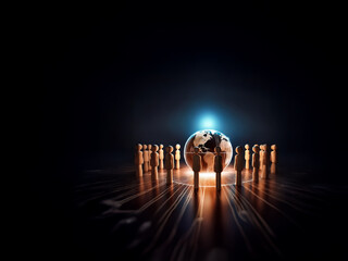 Poster - A group of stylized figures encircles a globe, illuminated from above in a dark environment, suggesting global connection and unity.