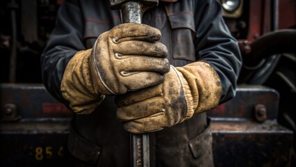 Poster - A closeup of the testers rugged work gloves gripping a tool capturing details of the texture and wear while the machinery in the backdrop shows evidence of use and maintenance.