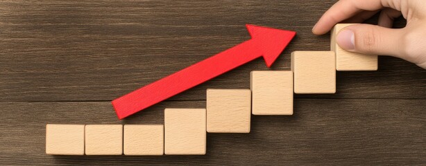 Aufkleber - Wooden Blocks Arranged in Ascending Order with Red Arrow Indicating Growth or Progress on Wooden Background