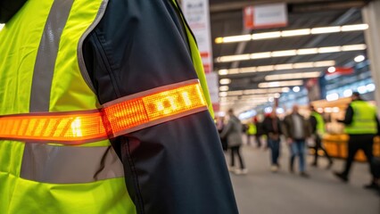 Aufkleber - A closeup shot of a reflective strip on the highvis jacket capturing the interplay of light and color while emphasizing the workers commitment to safety in a bustling environment.