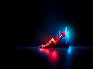Leinwandbilder - A vibrant red arrow ascends against a dark backdrop, illuminated with blue and red lights, representing upward trends and positive momentum in a futuristic style.