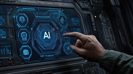 Poster - Hand Interacting with Futuristic AI Control Panel Displaying High-Tech Digital Interface and Graphics