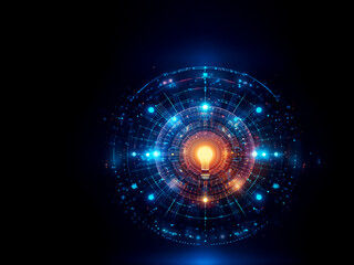 Fototapete - Glowing lightbulb centerpiece with radiating circular lines and blue dots, creating an abstract technological and futuristic design against a dark backdrop.