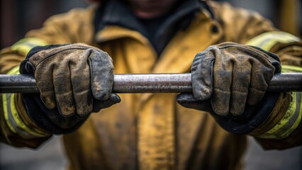 Poster - A closeup shot of gloved hands tightly gripping a steel rod wearing a fireresistant suit with dark sootsmudged patches from recent work embodying the rugged nature of the job.