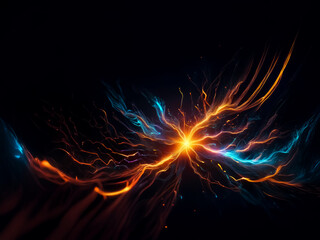 Poster - Vibrant energy streams in orange and blue burst from a central point on a dark backdrop. Abstract light trails create a dynamic, luminous, and powerful design.