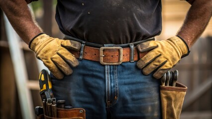 Poster - A closeup view highlights the pipefitters hands on his hips showcasing thick work gloves and calloused skin symbolizing years of craftsmanship coupled with dedication to the trade.