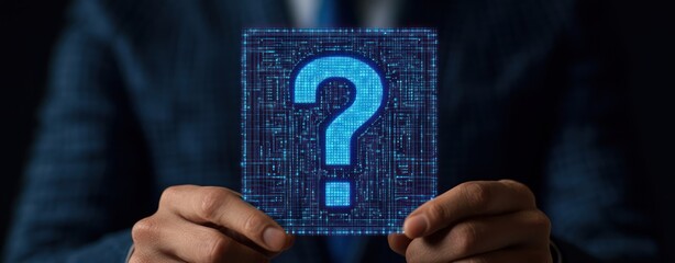 Leinwandbilder - Digital technology concept with a glowing question mark held by a businessman in a modern suit and pattern background