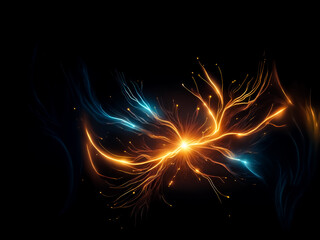 Poster - Abstract energy emanates from a central point with vibrant orange and blue glowing lines across a dark backdrop creating a dynamic light trails effect.