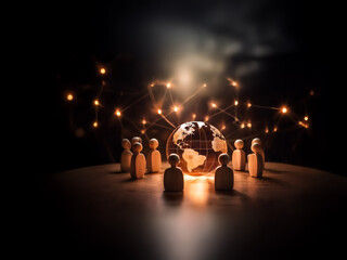 Fototapete - Wooden figures surround a glowing globe in darkness. Light dots connect figures, creating a world network on a table surface. Dimly lit scene.
