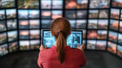 Poster - Focused Person Working with Multiple Monitors in a Control Room Analyzing Data and Information