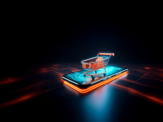 Poster - A miniature shopping cart filled with packages sits atop a glowing mobile phone against a dark backdrop illuminated by neon lines, depicting online shopping and digital commerce.