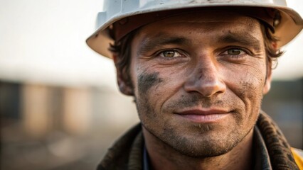 Poster - A detailed closeup of a construction workers face partially shadowed by a hard hat with a smudge of dirt on his cheek and a faint smile demonstrating pride in his hard work amidst