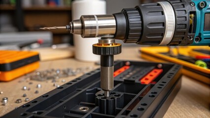 Poster - A detailed view of an electric screwdriver engaged with a screw its metal tip glinting by the light as the assembler carefully tightens components into a casing.