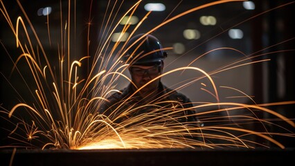 Aufkleber - A dramatic closeup showcasing the swirling sparks flying away from the welding area with the welders profile slightly blurred in the background emphasizing the chaotic beauty of
