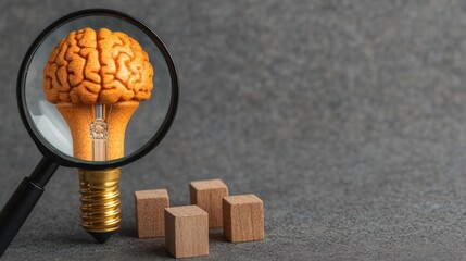 Poster - Creative Concept of Brain inside Magnifying Glass Symbolizing Intelligence and Innovation on Gray Background