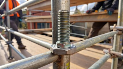 Poster - A macro shot captures the intricate threads of a bolt being secured against the rugged metal of the scaffold with the workers fingertips just visible emphasizing craftsmanship in