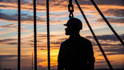 Poster - A medium closeup capturing the riggers silhouette against the backdrop of a sunset the cables overhead forming a dramatic pattern symbolizing the blend of human effort and