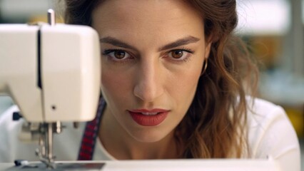 Poster - A medium closeup depicts the seamstresss face deeply engrossed in her task her lips slightly parted as she takes a steady breath framed by strands of her hair highlighting the