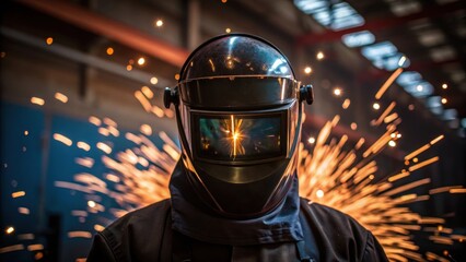 Poster - A medium closeup features the welders helmet reflecting the fiery sparks creating a vivid backdrop that blurs the surroundings emphasizing the skilled labor being performed in an