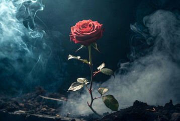 Sticker - A solitary red rose stands amidst swirling smoke, creating a dramatic and moody atmosphere, highlighting its beauty and resilience.