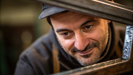 Aufkleber - A medium closeup of the artisans face revealing deep concentration and a hint of a smile as they carefully examine the texture of a metal piece exposed to the light reflecting