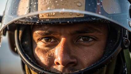 Poster - A medium closeup of the operators face partially obscured by a visor beads of sweat glistening on their forehead highlighting the intensity and heat of the work environment.