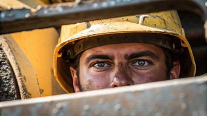 Poster - A medium closeup of the operators face framed by a hard hat showcasing intense eyes that are fixed on the machinery as cement swirls within with sunlight catching the sweat on