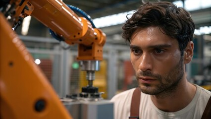 Poster - A medium closeup reveals a factory workers concentrated glance toward the robotic arm as it deftly assembles parts with a faint sheen of sweat on their brow symbolizing the