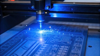 Poster - A medium closeup showcasing a bright blue light illuminating a circuit board as a laser engraver carves detailed designs into the surface with sparks subtly flying away.
