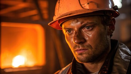 Poster - A medium closeup showing the operators face sweat glistening on their brow as they concentrate on the task at hand with the orange glow of the furnace illuminating their features.