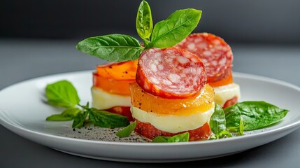 Delicious Appetizing Dish with Salami and Cheese - A vibrant dish featuring layers of salami, cheese, and vegetables elegantly garnished with fresh basil on a white plate.