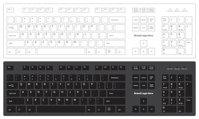 black and white pc keyboard layout isolated on white background, vector illustration