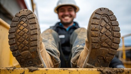 Leinwandbilder - A tight shot showcases the texture of the workers mudcaked boots while the background reveals hints of his smiling face illustrating the theme of hard work leading to personal