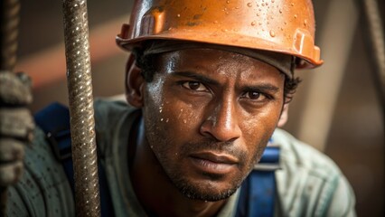 Poster - Captured in a medium closeup the shipbuilders face is set in concentration as beads of sweat glisten on their forehead emphasizing the hard work and dedication involved in the