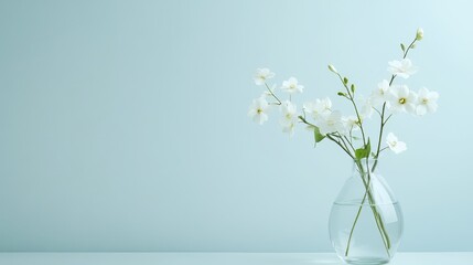 Wall Mural - Elegant White Flowers in Glass Vase - A serene arrangement of white flowers in a clear glass vase against a light blue background, creating a tranquil and clean aesthetic.